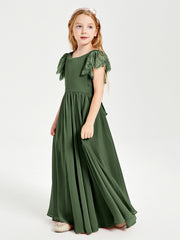 Robes de Demoiselle d'Honneur Junior avec Manches Flottantes en Dentelle Olive Verte