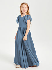 Robes de Demoiselle d'Honneur Junior avec Manches Flottantes en Dentelle Bleu de Schiste