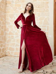 Robe en Velours à Manches Longues et Col en V Plongeant Bordeaux