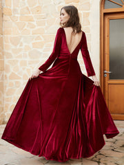 Robe en Velours à Manches Longues et Col en V Plongeant Bordeaux