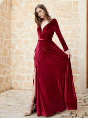 Robe en Velours à Manches Longues et Col en V Plongeant Bordeaux