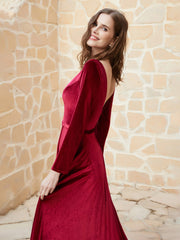 Robe en Velours à Manches Longues et Col en V Plongeant Bordeaux