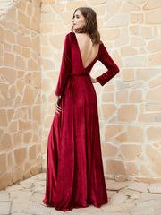 Robe en Velours à Manches Longues et Col en V Plongeant Bordeaux