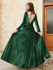 Robe en Velours à Manches Longues et Col en V Plongeant Vert Foncé