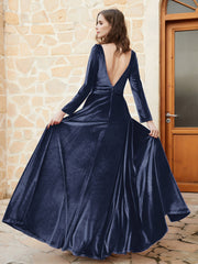Robe en Velours à Manches Longues et Col en V Plongeant Bleu Marine