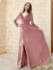 Robe en Velours à Manches Longues et Col en V Plongeant Rose Poudré Grande Taille
