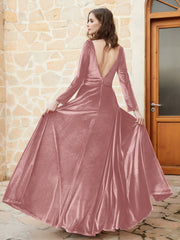Robe en Velours à Manches Longues et Col en V Plongeant Rose Poudré