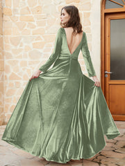 Robe en Velours à Manches Longues et Col en V Plongeant Sauge Poudrée Grande Taille