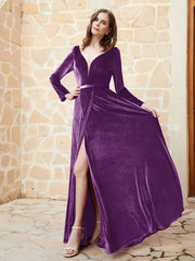 Robe en Velours à Manches Longues et Col en V Plongeant Raisin