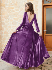 Robe en Velours à Manches Longues et Col en V Plongeant Raisin Grande Taille