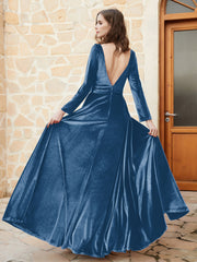 Robe en Velours à Manches Longues et Col en V Plongeant Bleu Encre Grande Taille