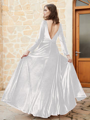 Robe en Velours à Manches Longues et Col en V Plongeant Ivoire