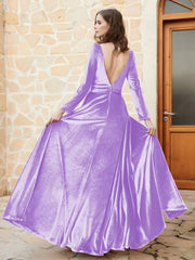 Robe en Velours à Manches Longues et Col en V Plongeant Lilas