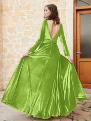 Robe en Velours à Manches Longues et Col en V Plongeant Vert Citron