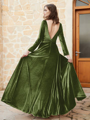 Robe en Velours à Manches Longues et Col en V Plongeant Olive Verte