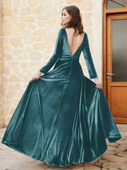 Robe en Velours à Manches Longues et Col en V Plongeant Paon Grande Taille