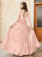 Robe en Velours à Manches Longues et Col en V Plongeant Rose Perle