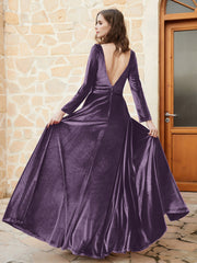 Robe en Velours à Manches Longues et Col en V Plongeant Plum