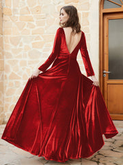 Robe en Velours à Manches Longues et Col en V Plongeant Rouge