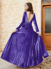 Robe en Velours à Manches Longues et Col en V Plongeant Régence