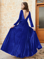 Robe en Velours à Manches Longues et Col en V Plongeant Bleu Royale