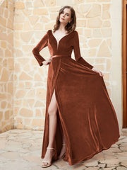 Robe en Velours à Manches Longues et Col en V Plongeant Rouille