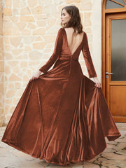 Robe en Velours à Manches Longues et Col en V Plongeant Rouille Grande Taille