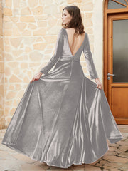 Robe en Velours à Manches Longues et Col en V Plongeant Argent