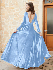Robe en Velours à Manches Longues et Col en V Plongeant Bleu Ciel