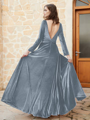 Robe en Velours à Manches Longues et Col en V Plongeant Bleu de Schiste