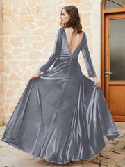 Robe en Velours à Manches Longues et Col en V Plongeant Gris Acier