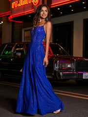 Robe de A-ligne à Col Carré en Jersey Longueur au Sol Bleu Royale