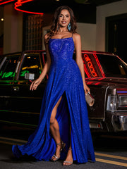 Robe de A-ligne à Col Carré en Jersey Longueur au Sol Bleu Royale