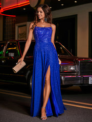 Robe de A-ligne à Col Carré en Jersey Longueur au Sol Bleu Royale