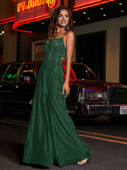 Robe de A-ligne à Col Carré en Jersey Longueur au Sol Vert Foncé