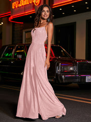 Robe de A-ligne à Col Carré en Jersey Longueur au Sol Rose Poudré