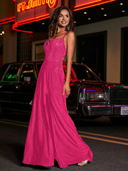 Robe de A-ligne à Col Carré en Jersey Longueur au Sol Fuchsia