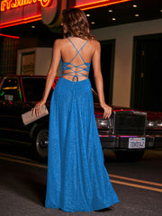 Robe de A-ligne à Col Carré en Jersey Longueur au Sol Bleu Océan Grande Taille