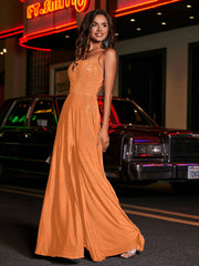 Robe de A-ligne à Col Carré en Jersey Longueur au Sol Orange