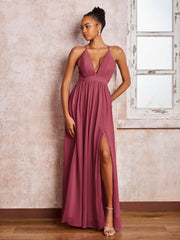 Robe Froncée en Mousseline à Bretelles Croisées et Col en V avec Fente Cannelle Rose