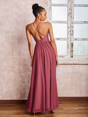 Robe Froncée en Mousseline à Bretelles Croisées et Col en V avec Fente Cannelle Rose