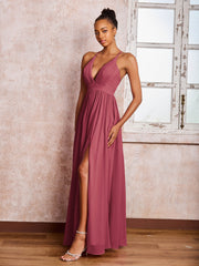 Robe Froncée en Mousseline à Bretelles Croisées et Col en V avec Fente Cannelle Rose