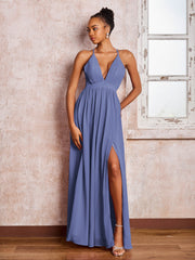 Robe Froncée en Mousseline à Bretelles Croisées et Col en V avec Fente Pervenche