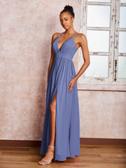 Robe Froncée en Mousseline à Bretelles Croisées et Col en V avec Fente Pervenche