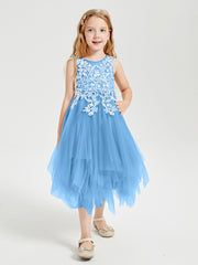 Robes de Demoiselle d'Honneur Junior en Tulle à Longueur de Mollet Bleu
