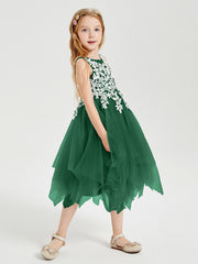 Robes de Demoiselle d'Honneur Junior en Tulle à Longueur de Mollet Vert Foncé