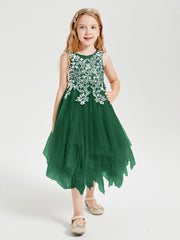 Robes de Demoiselle d'Honneur Junior en Tulle à Longueur de Mollet Vert Foncé