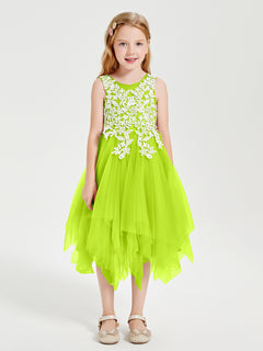 Robes de Demoiselle d'Honneur Junior en Tulle à Longueur de Mollet Vert Citron