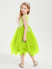Robes de Demoiselle d'Honneur Junior en Tulle à Longueur de Mollet Vert Citron