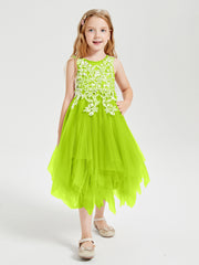 Robes de Demoiselle d'Honneur Junior en Tulle à Longueur de Mollet Vert Citron